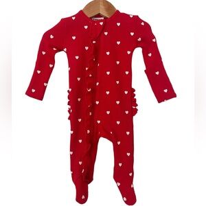 Organic Waffle Ruffle Zip Footie & Bow - Little White Heart (on Red) - 0-3M